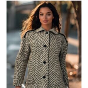 80s Steve Evans Wool Coat Size Large Chevron Tweed Button Epaulette Pockets EUC